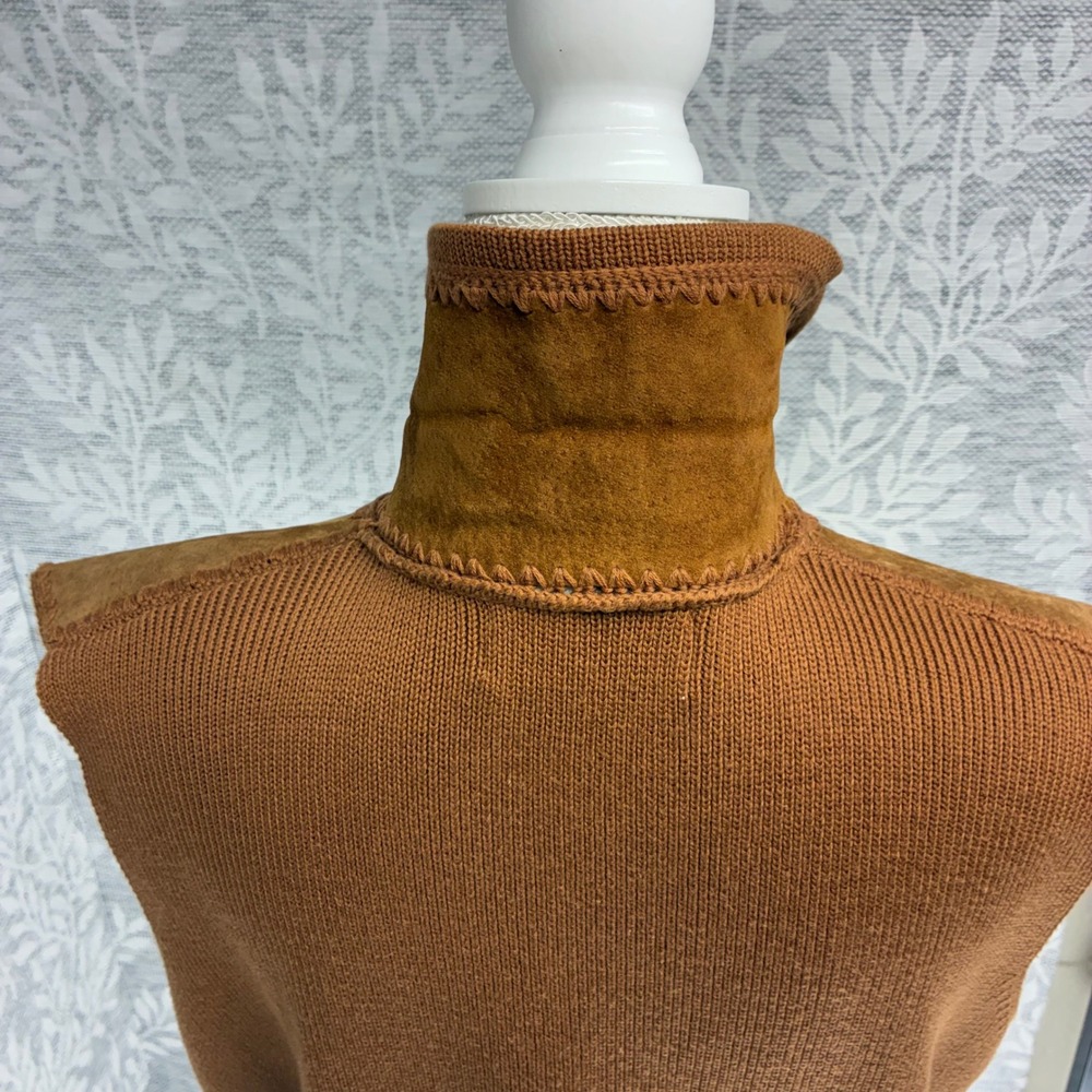 Lisa International Suede Knit Vest Womens XL Brown Crochet Zip Front Vintage 70s - Picture 12 of 13